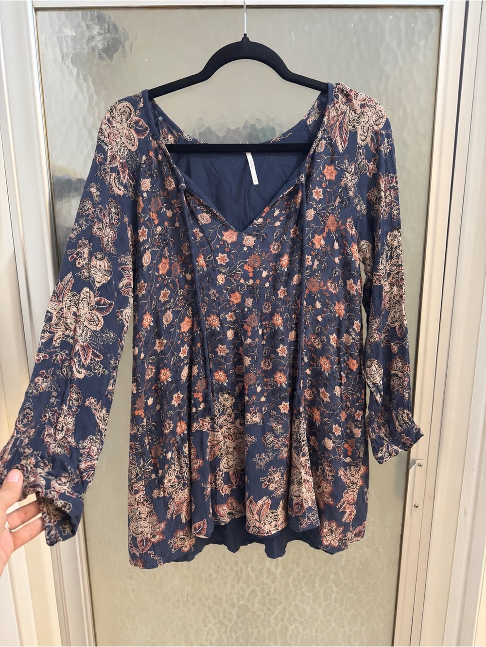 Free People Navy and Rust Floral V-Neck Long Sleeve Tunic